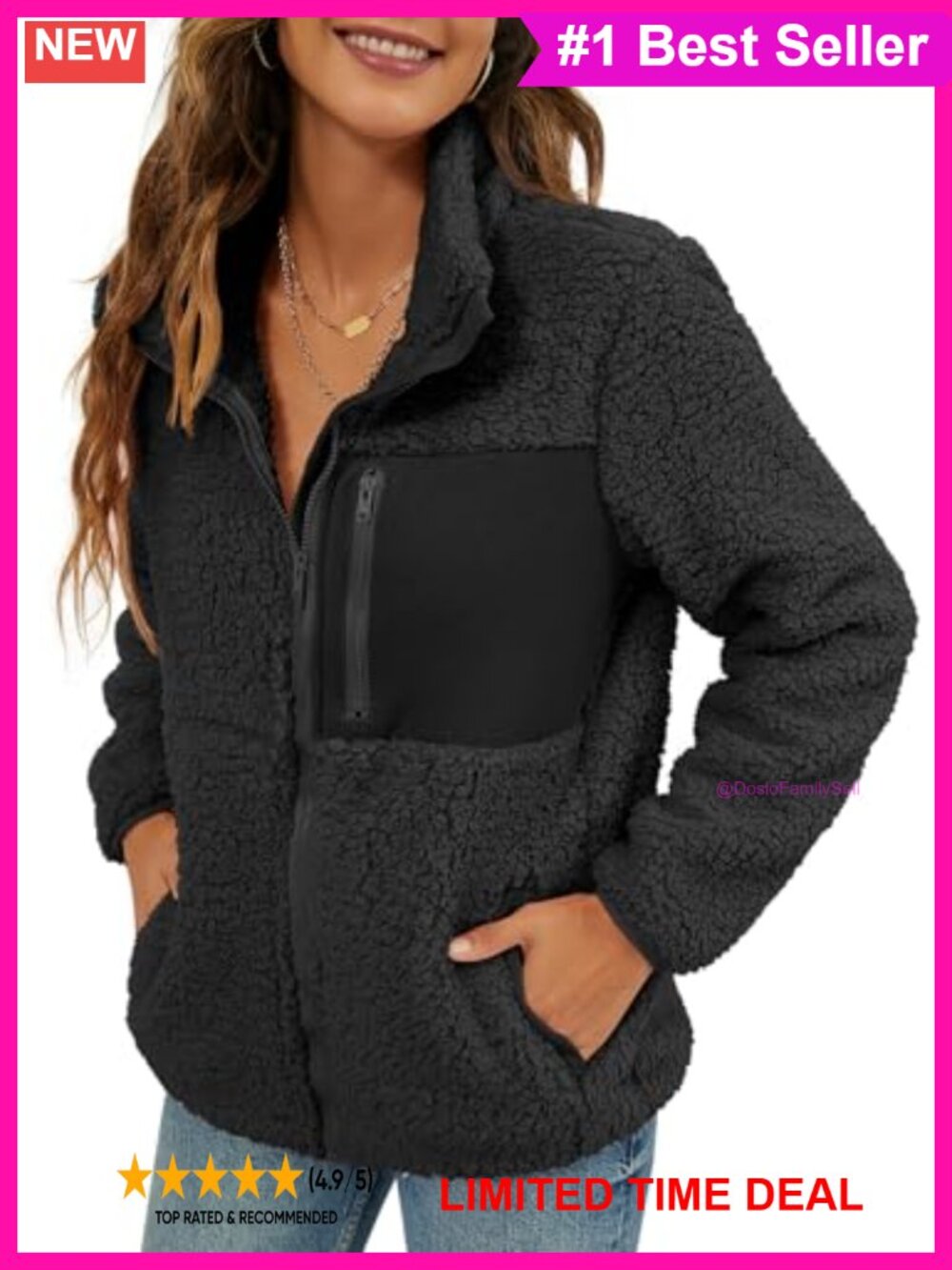 Faux Shearling Shaggy Full Zip Coat Warm Winter Patchwork Jacket